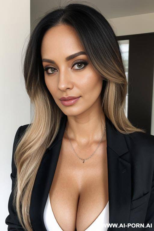 blonde messy long hair, sexy psychologist, brown eyes, black twill blazer, bit of cleavage - #main