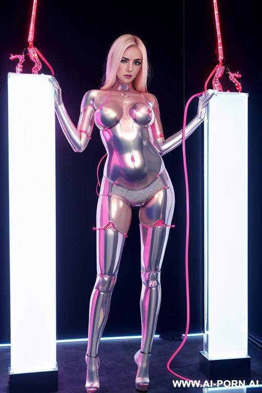 naked blonde robot woman in glassy ultra-high stripper platform stilettos, fully metallic left arm with skin peeled off, skin peeled of on the belly revealing circuits and lights inside the belly, fullbody, standing - #main