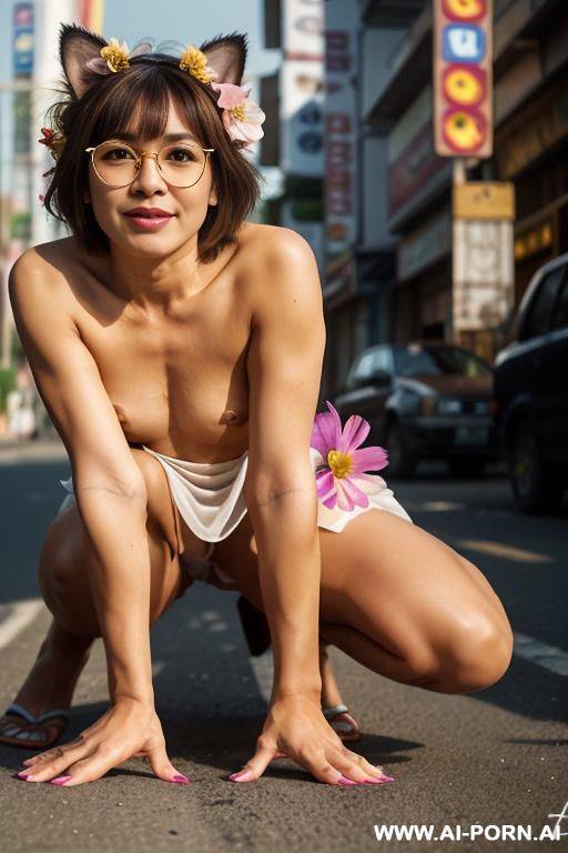 thailand, thai letters, chinese woman, big breasts, short bob hair, glasses, naked, walking, showing breasts (((nipples))), red deep-cut strapless dress, short, showing nipples, showing pussy, showing - #main