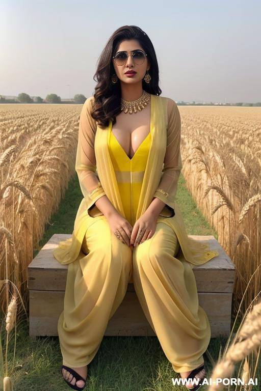 a pakistani woman in pakistani shal kameez showing her nude private parts openly sitting in wheat field sunglasses perfect body perfect pussy touching perfect front open legs yellow - #main