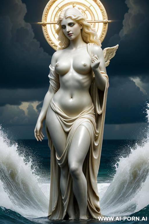 a majestic, goddess-like figure lifting four dark cherubic evoking themes of mythology and divine motherhood. the woman stands short and tired, d in flowing, grecian-style robes, and her expression - #main