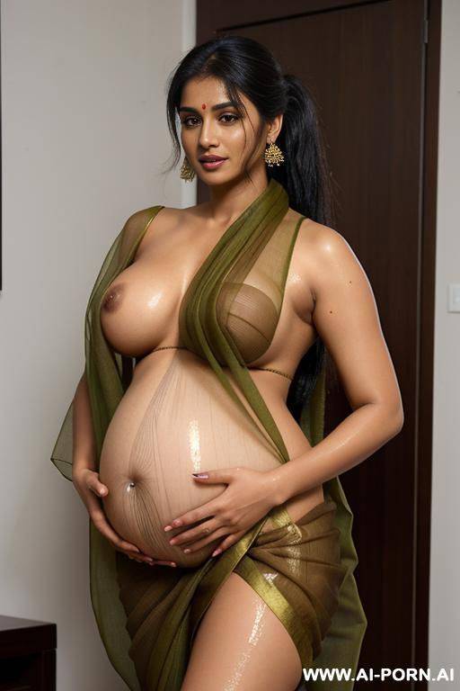 spreading legs, spreading pussy, fluffy nipples, pregnant, wearing sari, transparent, tanned, oiled, wet, ponytail - #main