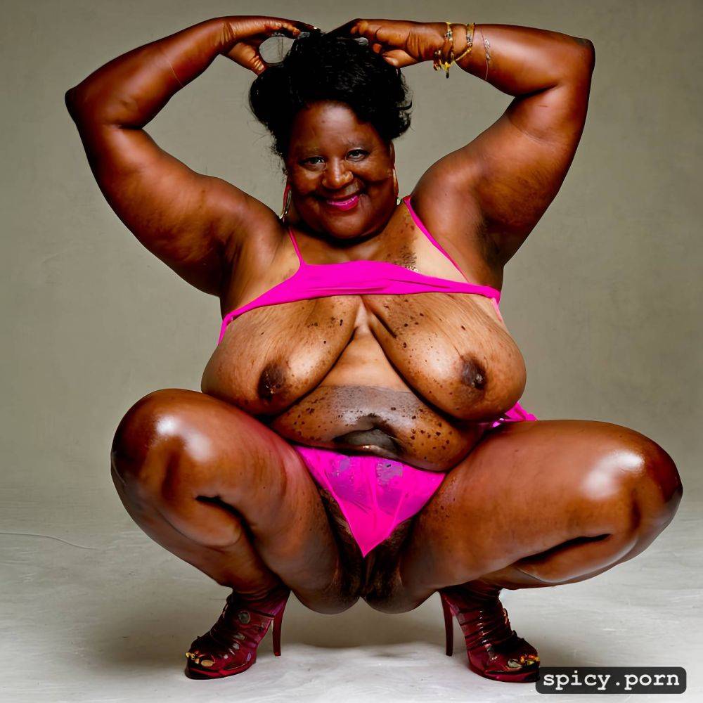 hairy spread gaping pink pussy, squatting, dark unclear skin - #main