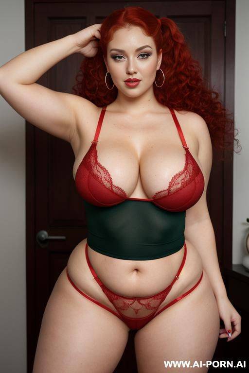 curvy, curly hair,, big ass, big hips, arms up, hands up, red hair, transparent sexy lingerie, big thighs - #main