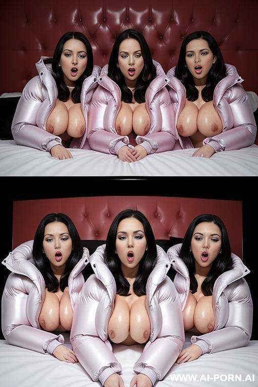 ((three women lying in bed having sex wearing gigantic puffer jackets)), (lots of cum:1.2), (covered in cum:1.2) - #main