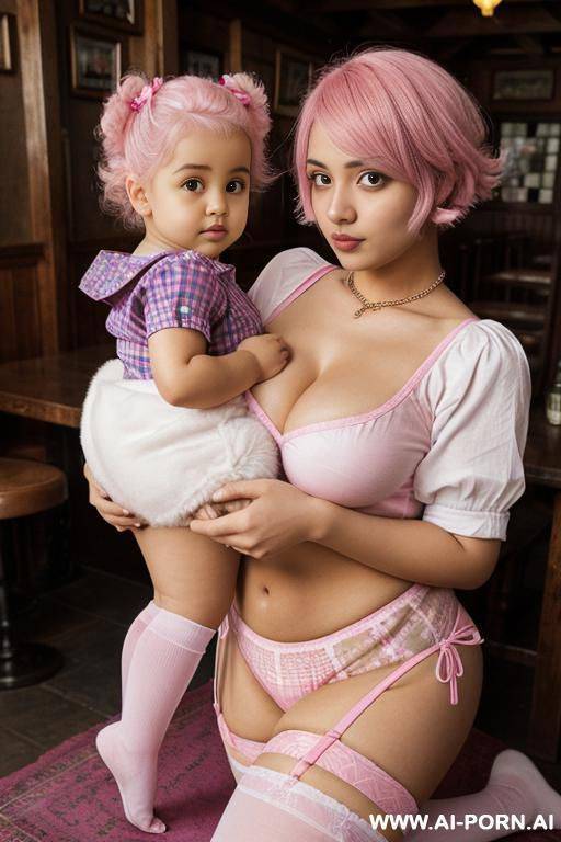 early twenties, stunningly beautiful, large breasts, puffy nipples, shaved. hair in high tails, sucking on a pink pacifier, holding white bear in her arms, kneeling, high white socks, pink panties, looking scared - #main