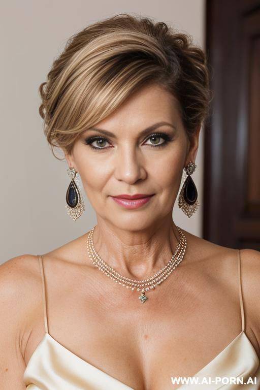 absolute beauty matured milf, elegant lady, ((updo haircut))) (((hairy pussy))) (strong dark eyeliner) earrings, necklace, direct look into camera - #main