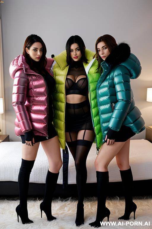three women in bed having sex wearing gigantic puffer jackets - #main