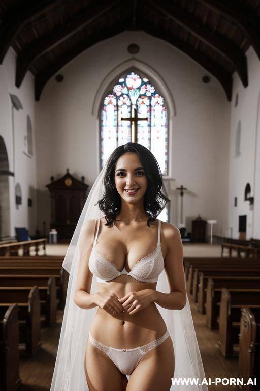 full view, shoulder-length black hair, curls, white high heels, visible panties, in the middle of a church full of people, veil, - #main