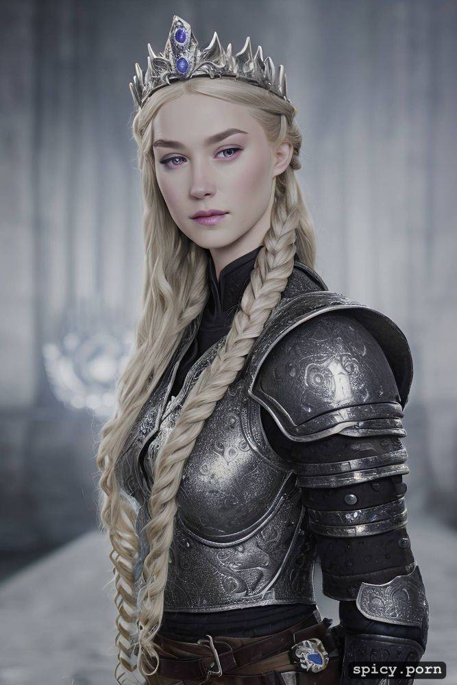 tiara, confident smirk, long silver blonde hair in a braid, wearing black scale armor - #main