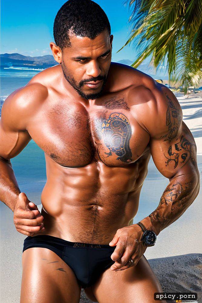 hombre negro de brazil con six pack y ojo azul, cara bonito con tatuajes en la cama con una vista en la playa - #main