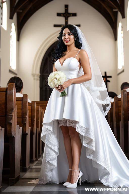 black hair, curls, white high heels, white dress, wedding dress, you can see panties, white high heels, in the middle of the church, veil, - #main