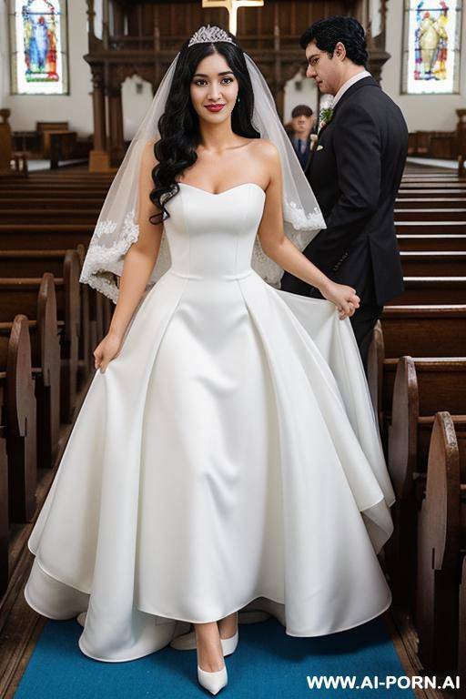 black hair, curls, princess dress, white dress, wedding dress, white high heels, inside the church, veil, people in the pews - #main