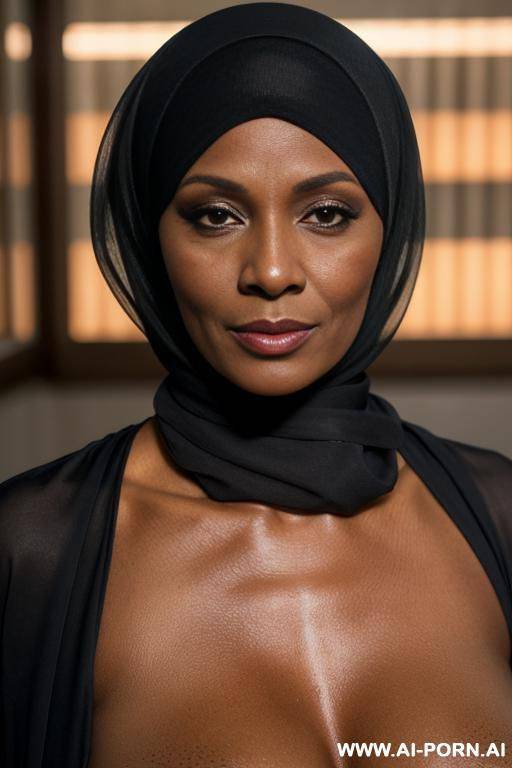 1 milf, 50 years old, realistic, beautiful face, hd, k, hijab headscarf, dark red hijab clothes, flashing boobs, open clothes, cold lighting, public, saggy boobs. - #main