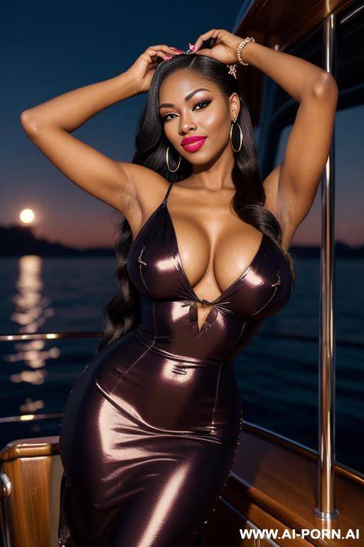 evening, nightfall, luxury yacht, night stars, long hair, pinup pose, (multicolor dress) (((pinup pose))) (((luxury yacht))) (((evening))) (((nightfall))) (((ahegao))) ((foxy)) (((hand in hair))) ((gorgeous - #main