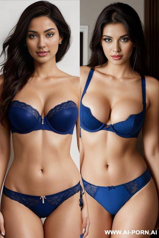 full shot, alluring thighs, big boobs, brazilian, hijab, bandeau bra as top, i want two left and right photos, with same woman, , the left photo is with red bandeau lingerie and hijab, the - #main