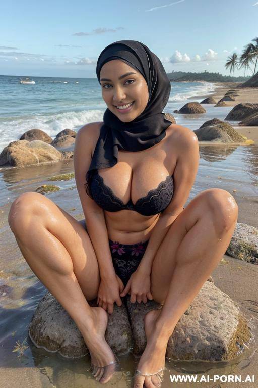 full shot, alluring thighs, big boobs, brazilian, hijab, bandeau bra, outside, near see, on beach, feets in water, sit on a rock, legs spread, showing panty, with same woman, high heel, colored lingery, flower sundress, no panty, hand before pussy - #main