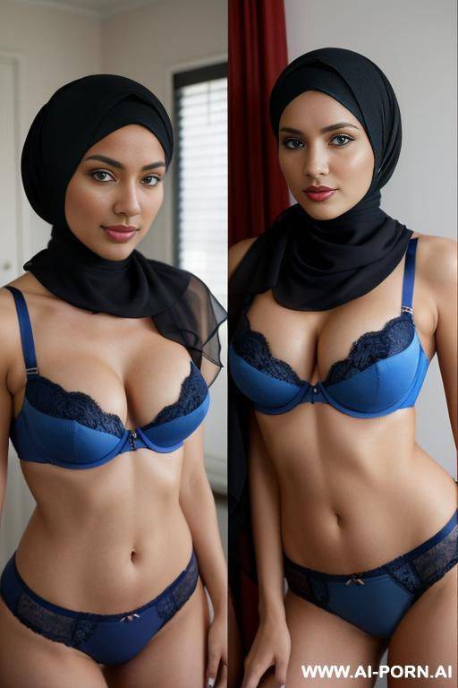 medium full shot, alluring thighs, big boobs, brazilian, hijab, bandeau bra, two photos with same woman, (photo 1: red bra) , (photo 2 : blue bra) - #main