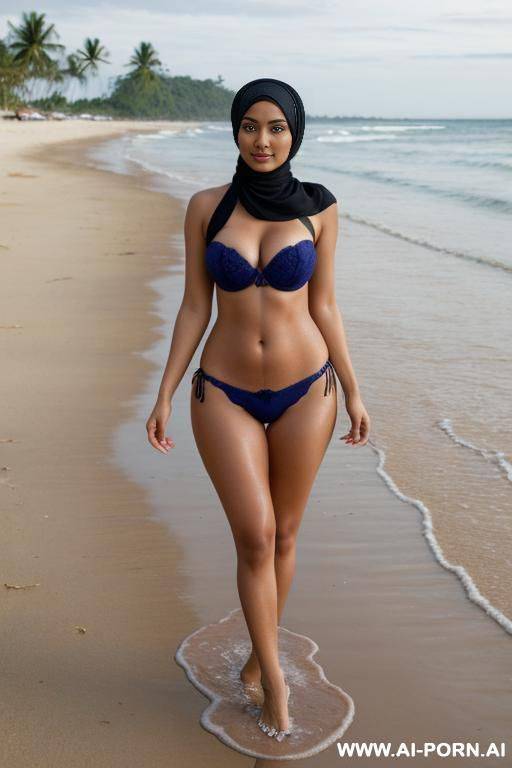 full shot, alluring thighs, big boobs, brazilian, hijab, bandeau bra, outside, near see, on beach, feets in water, i want two left and right photos, with same woman, high heel, colored lingery - #main