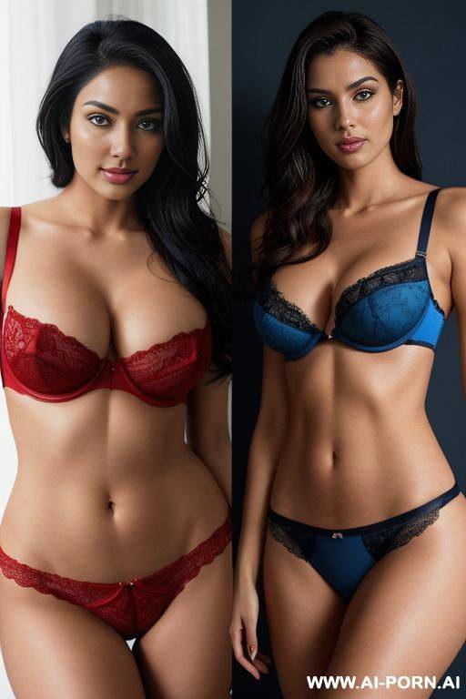medium full shot, alluring thighs, big boobs, brazilian, hijab, bandeau bra, two left and right photos with same woman: { left : red lingerie },{ right : blue lingerie} - #main