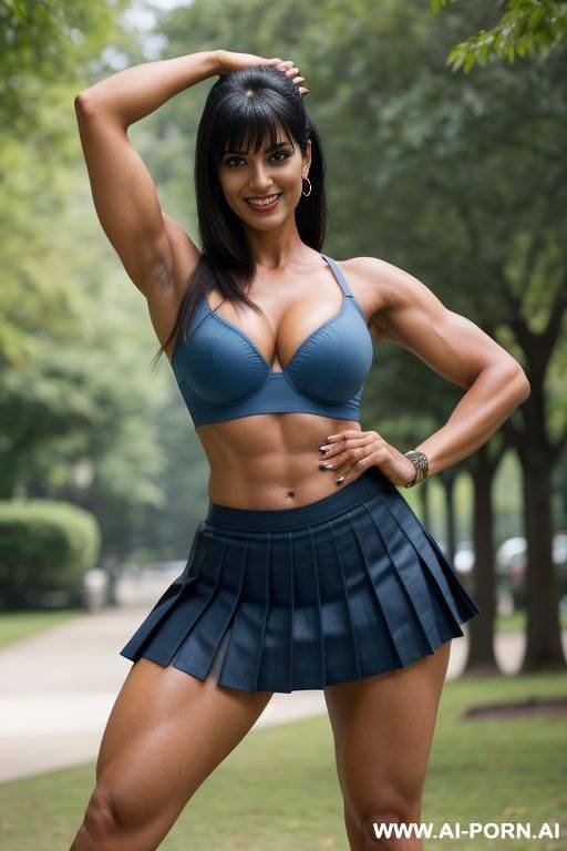 indian, bangs, ponytail, fit, abs, muscular arms, bulked up huge, big ass, tall, long legs, navel piercing, blue bra, blue pleat skirt, looking at camera, full body, stiletto, in park, stretching - #main