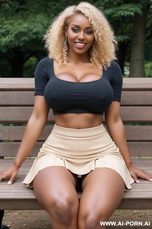 naked, super model face, show shaved pussy, sitting with open legs on wooden park bench - #main