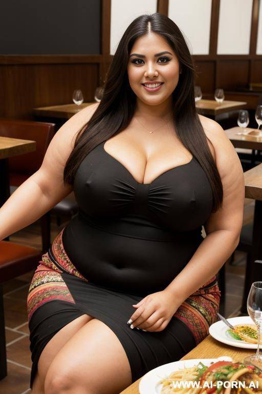 supermodel, mexican, long hair, hourglass shaped, beautiful eyes, extra thicc, super plump, ssbbw, huge, tight black dress, eating steak, 00 poinds - #main
