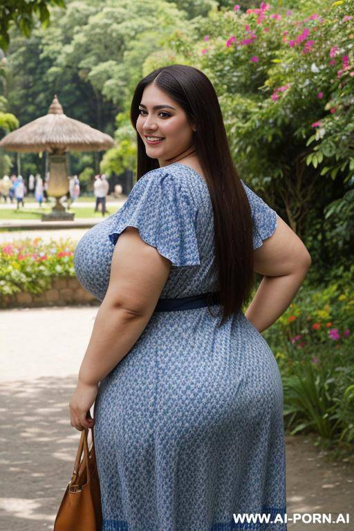 supermodel, mexican, long hair, hourglass shaped, beautiful eyes, extra thicc, super plump, ssbbw, huge, blue sun dress - #main
