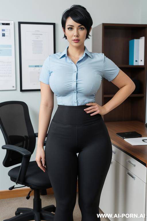 short sleeve light blue shirt, buttoned up, high waist black yoga pants, middle parted hairstyle - #main