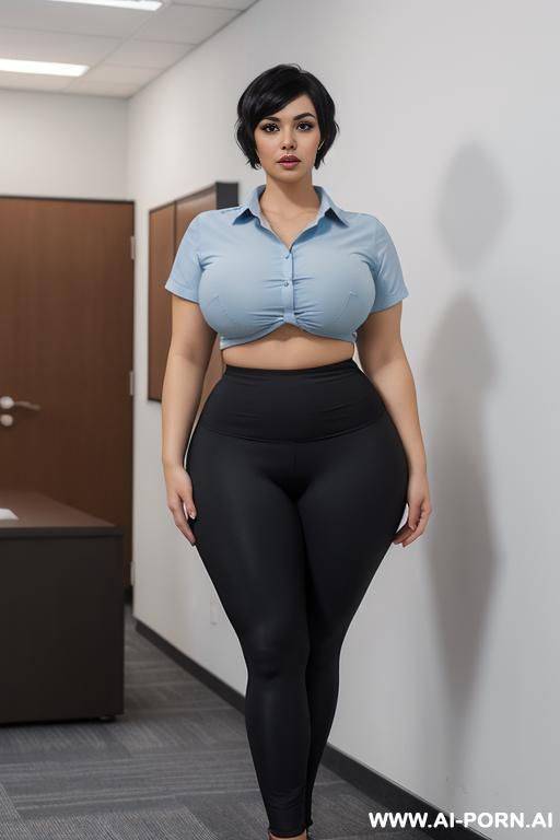 short sleeve light blue shirt, two buttons, high waist black yoga pants, middle parted hairstyle - #main