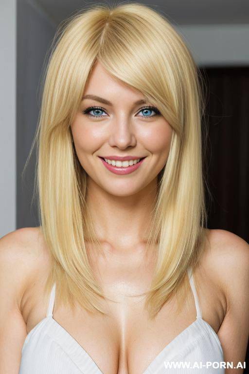 very wide round face. cheeky grin. big gap between saggy boobs. short stumpy build with wide hips. front hair fringe - #main