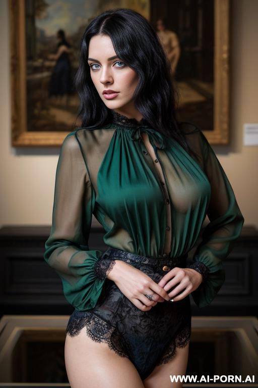 british model, green eyes, museum, dark blue blouse, black hair, perfect breast - #main