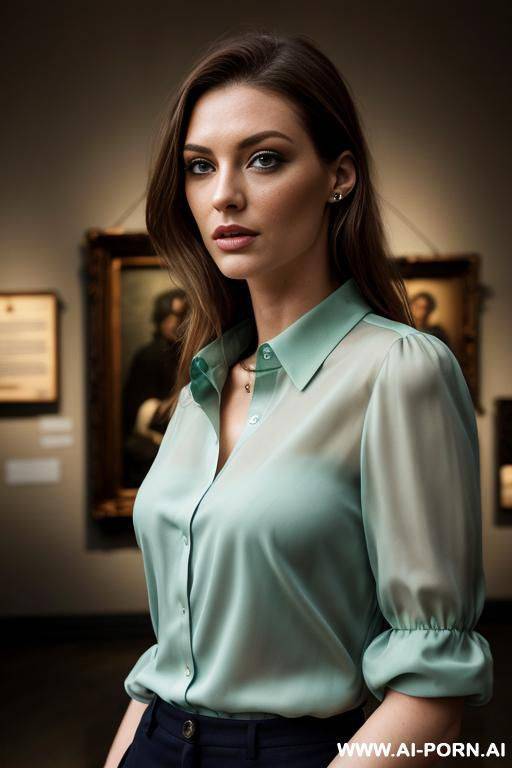 british model, green eyes, museum, blue blouse - #main
