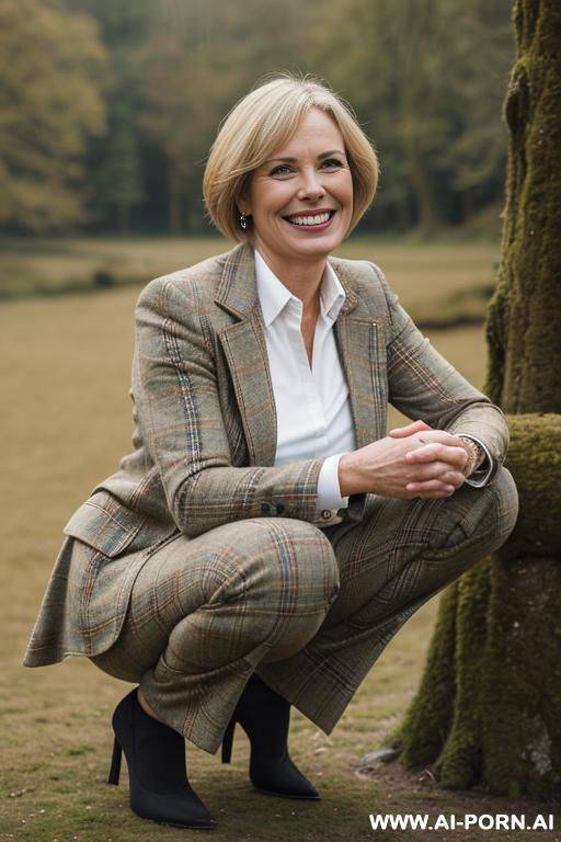 british lady in wildernes, tweedjacket, pants, squatting legs-apart, side-view - #main
