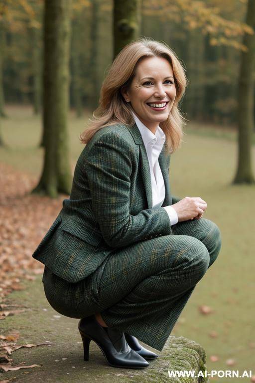 british lady in wildernes, tweedjacket, pants, squatting legs apart, side-view - #main