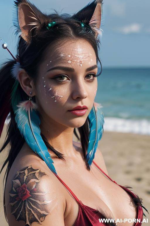 face, sexy, beautiful, ((face painting)), ((bikini as seashell)), ((tattoo roses)), ((eyes shw)), ((angel wings)), ((rainbow hair)), ((long bu hair)), ((wind)), (( cat face)), (( cat ears)), (((feather - #main