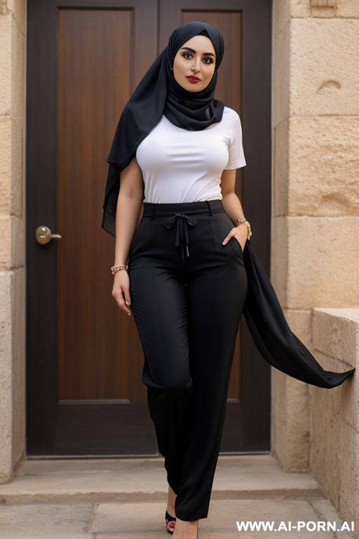 medium full shot, alluring thighs, wide hips, headscarf, t-shirt, trousers - #main