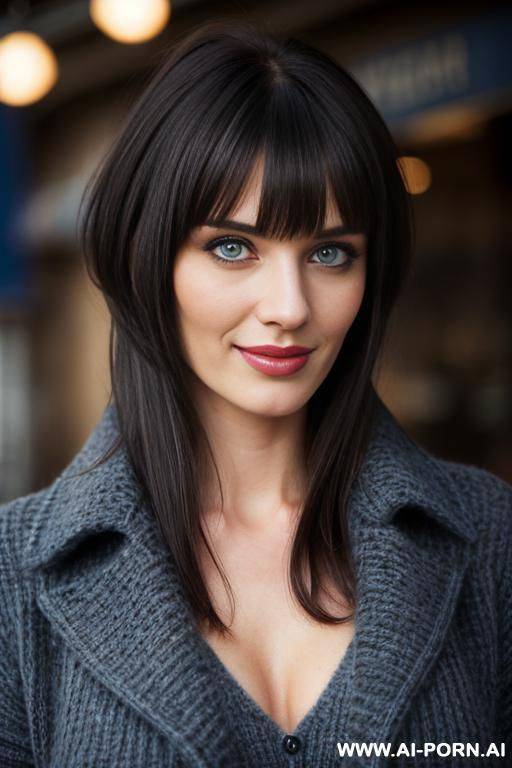 bright dark blue eyes, woolen grey sweater - #main