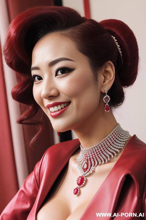 red high heeled boots, 2, japanese, bride, tall figure, long legs, diamond necklace, fat pink labia, close up of the vagina, orgasmic smile - #main