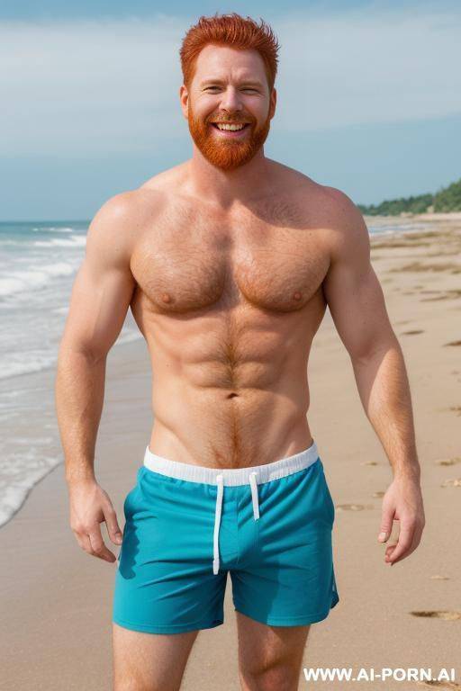 photo of a red-haired bearded man standing on the beach and smiling. he is in the frame full-length. alone. he has an ice cream cone in his hand, which is already melting and dripping - #main