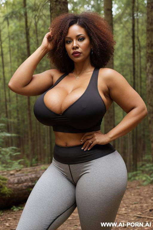 huge boobs, gigantic boobs, milf, in forest, bimbo, black hair, sexy afro woman, looking at the viewer angrily - #main