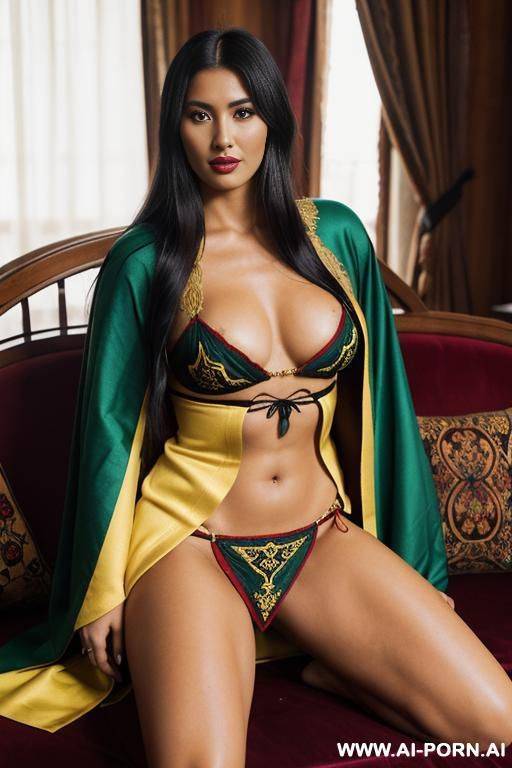realistic mapuche woman, happy, beautiful natural boobs, beautiful natural body, red and green and blue royal robes, yellow and black royal lingerie, in a harem, on a couch - #main