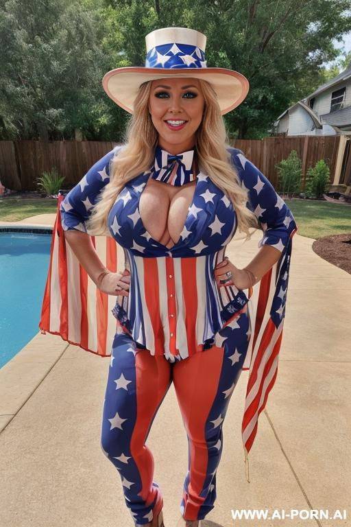 photo realistic, chubby blonde milf, massive tear drop breasts, sexy make up, full body view, ((keep face and body)), in backyard, near pool, at cookout, - #main