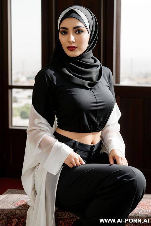 wide hips, headscarf, trousers, sit - #main