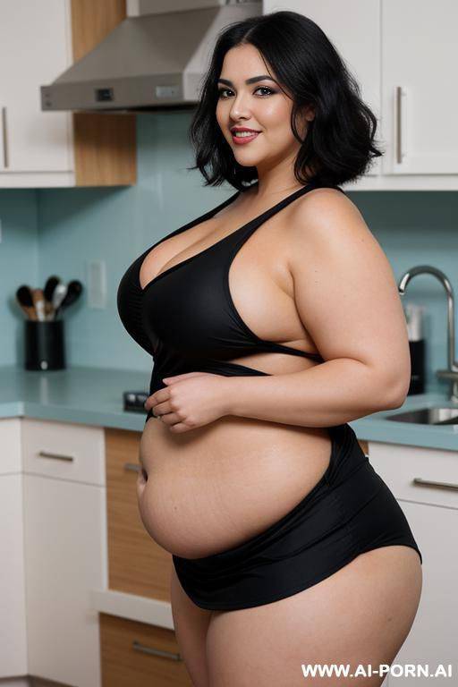 (pallid white skin), wearing only a tight red apron, pear shaped plump bbw, rotund, soft, short black shiny lush hair, ultra wide hips, big belly, soft beautiful delicate face, massive beautiful - #main