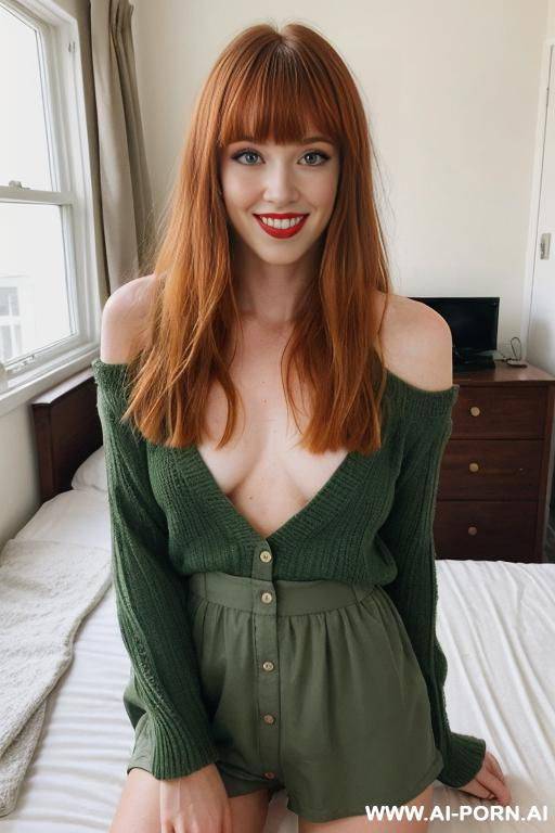 sexy american sister, beautiful long ginger hair, bangs, gorgeous green eyes, pretty make up, nice full natural breasts, stunning face, pretty delicate features, high cheek bones, red lips, full - #main