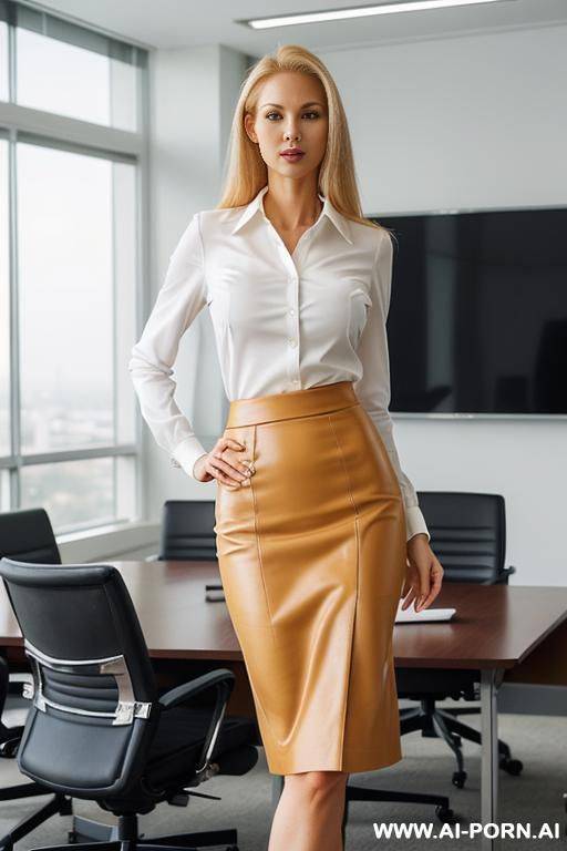 ((white business executive)), (tall slender natural body, beautiful face, long legs, long blonde hair), (dominant face), (elegant revealing pencil skirt and blouse), (standing in the board room) - #main