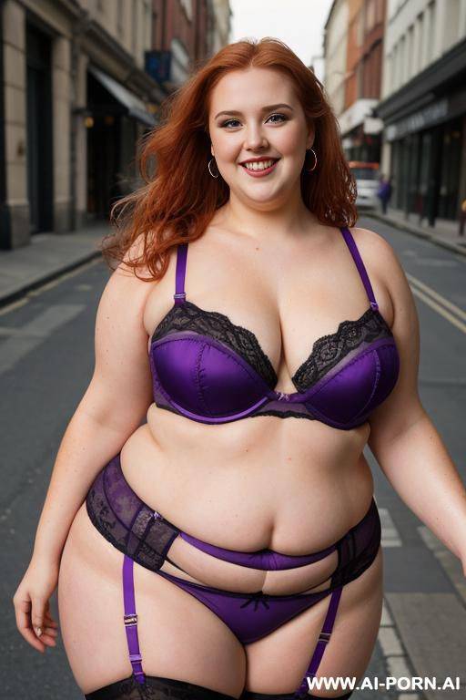 half body photo shot, dynamic angle, about a street, obese bbw with love handless and tummy, she is 1, she is wet, wearing a sexy and hot ((purple)) garter belt lingerie. she is so obese and stand up. - #main