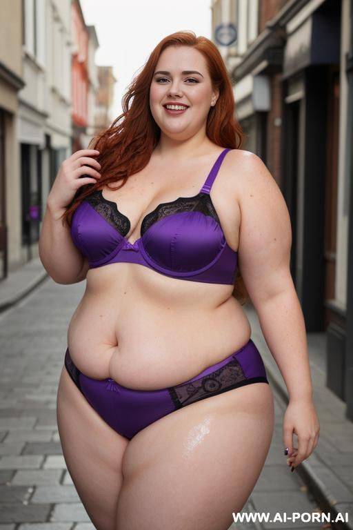half body photo shot, dynamic angle, about a street, obese bbw with love handless and tummy, she is 1, she is wet, wearing a sexy and hot ((purple)) suite web lingerie. she is so obese and stand up. - #main