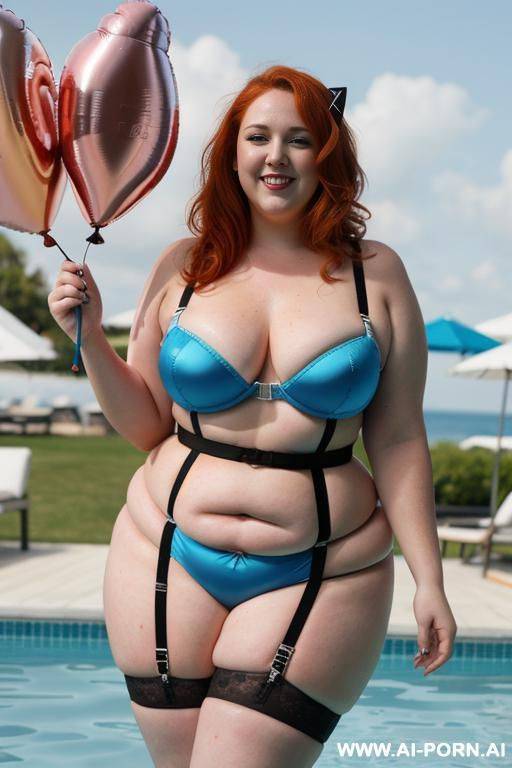 half body photo shot, about a pool party at morning with music, balloons and foam, obese fat bbw with love handless and tummy, wearing a sexy and hot blue garter belt stocking lingerie in topless - #main